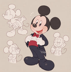 1boy 1girl animal_ears black_shoes bow disney gloves kiri_futoshi looking_at_viewer mickey_mouse mickey_mouse_&amp;_friends mickey_mouse_ears mouse_ears multiple_persona open_mouth pants shirt shoes solo tail
