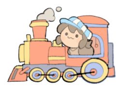 :3 brown_hair brown_jacket brown_shirt chibi hat highres jacket shirt smoke temmie_chang temmie_chang_(character) tokin_hat train wheel