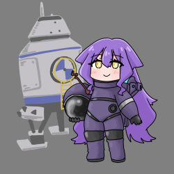 1girl astronaut black_gloves blush brown_eyes chibi closed_mouth full_body gloves grey_background hair_between_eyes helm helmet highres holding honkai_(series) honkai_impact_3rd ladder long_hair long_sleeves lunar_lander mokkyo_(motkyo) puffy_long_sleeves puffy_sleeves purple_hair simple_background sirin smile solo space_helmet standing unworn_headwear unworn_helmet very_long_hair