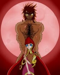 1boy 1girl arm_hair big_bad_wolf blonde_hair blue_eyes chest_hair cloak clothed_female_nude_male facial_hair fang hairy_man little_red_riding_hood_(fairy_tale_character) muscular muscular_male nude poorly_drawn red_background red_cloak scar smile straight-on stubble yellow_eyes