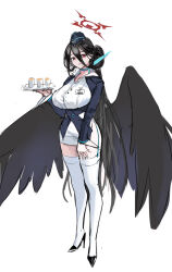 1girl alternate_costume black_footwear black_hair black_wings blue_archive breasts choker closed_mouth feathered_wings flight_attendant full_body garrison_cap garter_straps hair_between_eyes halo hasumi_(blue_archive) hat high_heels holding holding_tray jacket large_breasts long_hair long_sleeves looking_at_viewer mole mole_under_eye pinkmill red_eyes simple_background sketch solo thighhighs travel_attendant tray very_long_hair white_background white_thighhighs wings