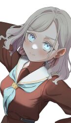Rule 34 | 1girl, aqua neckerchief, arm up, blue eyes, blush, breasts, brown dress, ceras yanagida lilienfeld, closed mouth, collarbone, dress, grey hair, hair ribbon, hasu no sora school uniform, highres, large breasts, link! like! love live!, long hair, long sleeves, looking at viewer, love live!, neckerchief, pink ribbon, ribbon, sailor collar, sailor dress, school uniform, scratching head, shade, simple background, smile, solo, split mouth, swept bangs, upper body, virtual youtuber, w, wavy hair, white background, white sailor collar, winter uniform, wotan (wotandesu)
