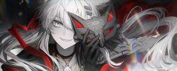 1girl animal_ears arknights black_eyeliner black_gloves black_jacket brooch commentary eyeliner gae_tteok00 gloves grey_eyes grey_hair hair_between_eyes hair_ornament hairclip highres jacket jewelry lappland_(arknights) lappland_the_decadenza_(arknights) long_hair looking_at_viewer makeup mask masquerade_mask parallel_hairclips portrait red_ribbon ribbon sidelocks smile solo symbol-only_commentary teeth very_long_hair wolf_ears wolf_girl