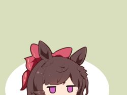 Rule 34 | 1girl, animal ears, blunt bangs, bow, brown hair, commentary request, daiichi ruby (umamusume), drill hair, drill sidelocks, gomashio (goma feet), green background, hair bow, horse ears, horse girl, jitome, portrait, purple eyes, red bow, short hair, sidelocks, solo, umamusume