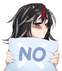 1girl berabou black_hair blush cone_horns female_focus grey_horns heart heart-shaped_pupils horns image_sample kijin_seija md5_mismatch multicolored_hair no pillow pout red_eyes red_hair resized resolution_mismatch short_hair solo source_larger streaked_hair symbol-shaped_pupils touhou white_hair yes-no_pillow