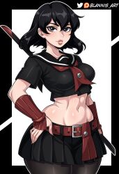 1girl akame_ga_kill! arm_at_side artist_name belt black_border black_eyes black_hair black_shirt black_skirt blannis border breasts cowboy_shot expressionless eyebrows eyelashes female_focus fingernails hand_on_own_hip katana kurome_(akame_ga_kill!) lips long_fingernails looking_at_viewer matching_hair/eyes medium_breasts medium_hair midriff miniskirt navel neckerchief outside_border parted_lips red_belt red_neckerchief shirt short_sleeves simple_background skirt solo standing sword teeth thick_thighs thighs toned toned_female weapon white_background wide_hips