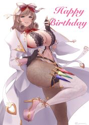 1girl absurdres ass black_gloves black_pantyhose blonde_hair breasts commentary_request curly_hair english_text fingerless_gloves fingernails gloves green_eyes hair_ribbon happy_birthday haruka_(senran_kagura) high_heels highres lab_coat large_breasts leg_up lemonrou looking_at_viewer pantyhose pink_shoes revealing_clothes ribbon senran_kagura senran_kagura_estival_versus senran_kagura_shinovi_versus shoes short_hair smile solo standing thighhighs thighhighs_over_pantyhose twitter_username vial white_thighhighs
