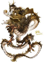1boy absurdres animal_ears antlers bangle black_hair black_sclera bracelet braid brown_jacket brown_kimono brown_scales centauroid character_name ckillust claws closed_mouth colored_sclera commentary_request dragon dragon_boy dragon_ears dragon_tail ear_piercing eastern_dragon fangs full_body fur-tipped_tail hands_up haori highres holding holding_orb horns jacket japanese_clothes jewelry kimono long_hair long_sleeves looking_to_the_side male_focus monster_boy multiple_braids orb original piercing pom_pom_(clothes) scales simple_background slit_pupils solo spiked_tail tail taur white_background wide_sleeves yellow_eyes
