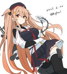 1girl absurdres adapted_turret asymmetrical_clothes beret bigkwl black_ribbon black_serafuku blush breasts brown_eyes brown_hair cannon chain dated hair_between_eyes hair_flaps hair_ornament hair_ribbon hairclip hat heterochromia highres kantai_collection large_breasts long_hair looking_at_viewer machinery murasame_(kancolle) murasame_kai_ni_(kancolle) neckerchief partial_bodysuit red_eyes red_neckerchief ribbon rigging school_uniform serafuku ship_turret smile smokestack solo torpedo_launcher torpedo_tubes twitter_username two_side_up