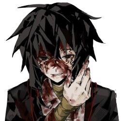 1boy 30000000000 bandaged_arm bandages black_hair black_jacket blood blood_on_clothes blood_on_face blood_on_hands chinese_commentary commentary_request facial_tattoo hand_up highres jacket long_sleeves male_focus medium_hair open_clothes open_jacket portrait shirt smile solo tattoo touqi_guaitan white_background white_shirt ziche_fuzhao