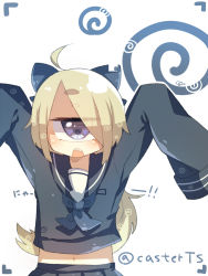 ! !! +_+ 1girl blonde_hair blue_eyes bow cyclops eyes_visible_through_hair fang female_focus hair_bow hair_over_one_eye hands_in_opposite_sleeves long_hair long_sleeves looking_at_viewer midriff muroku_(aimichiyo0526) navel one-eyed open_mouth original oversized_clothes school_uniform serafuku simple_background sleeves_past_wrists solo spiral swept_bangs teeth twitter_username viewfinder white_background