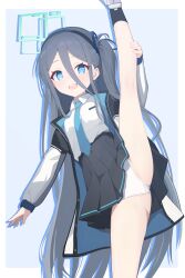 1girl aqua_halo aris_(blue_archive) black_hair black_skirt black_socks blue_archive blue_background blue_eyes blue_halo blue_necktie border collared_shirt hair_between_eyes halo highres holding_legs jacket leg_hold loli long_hair long_hair_between_eyes looking_at_viewer necktie one_side_up open_clothes open_jacket open_mouth panties pleated_skirt shirt skirt smle socks solo teeth underwear upper_body upper_teeth_only very_long_hair white_border white_panties white_shirt zhnyy3