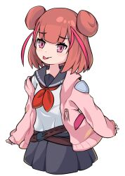 1girl blush double_bun eyelashes hair_bun highres hikawa_rinne_(world_flipper) jacket long_sleeves looking_at_viewer mwm5 neckerchief pink_eyes pink_jacket pleated_skirt red_neckerchief sailor_collar school_uniform simple_background skirt sleeves_past_wrists solo tongue tongue_out white_background world_flipper