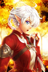 alisaie_leveilleur blue_eyes blush breasts check_commentary chest_belt commentary commentary_request earrings elezen elf final_fantasy final_fantasy_xiv fingerless_gloves gloves hair_ornament highres holding holding_own_hair jacket jewelry lips open_collar open_mouth pointy_ears ponytail small_breasts torso torso_only white_hair you_haruka