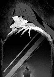 1boy 1other benkdjjituibot black_background black_cloak black_coat black_hair cloak coat dual_persona film_grain fingernails glint greyscale highres holding holding_mirror hood hood_up leaning_on_object long_fingernails long_fingers looking_at_another mirror monochrome musical_staff no_eyes omniscient_reader&#039;s_viewpoint popped_collar secretive_plotter short_hair size_difference yoo_joonghyuk
