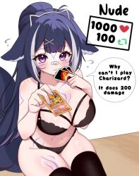black_bra black_panties blue_hair blush body_markings bra breasts card charizard facial_mark gen_1_pokemon high_ponytail holding holding_card indie_virtual_youtuber large_breasts long_hair moshiedraws multicolored_hair nintendo panties pokemon pokemon_tcg ponytail purple_hair shylily sitting trading_card twitter_strip_game two-tone_hair underwear uno_(game) virtual_youtuber white_hair