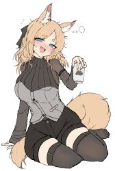 1girl absurdres animal_ear_fluff animal_ears arknights arm_support black_shorts black_sweater black_thighhighs blonde_hair blue_eyes blush breasts can commentary drink_can drunk fang half_updo hand_up highres holding holding_can horse_ears horse_girl horse_tail large_breasts looking_at_viewer open_mouth putcho short_shorts shorts simple_background sitting skin_fang smile solo squeans sweat sweater tail thick_thighs thighhighs thighs turtleneck turtleneck_sweater unfinished whislash_(arknights) white_background yokozuwari