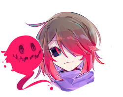 1girl akumu_(glitchtale) alternate_universe bete_noire black_sclera brown_hair chinese_commentary closed_mouth colored_sclera commentary_request cowlick cream076 cropped_head glitchtale gradient_hair hair_over_one_eye multicolored_hair no_mouth one_eye_covered purple_sweater red_eyes red_hair simple_background slit_pupils solo sweater turtleneck turtleneck_sweater two-tone_hair undertale white_background