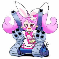 Rule 34 | + +, 1girl, animal ears, anime coloring, big hair, bow, bowtie, brooch, buttons, cake, cannon, chibi, choker, cosplay, cure whip, dated, dress, earplugs, excited, extra ears, eyelashes, floating hair, floppy ears, food, food-themed clothes, food-themed hair ornament, food print, frilled sleeves, frills, fruit print, gradient eyes, gundam, guntank, guntank (cosplay), hair ornament, hairband, hashtag-only commentary, heart, heart print, jewelry, kirakira precure a la mode, lace, lace-trimmed skirt, lace trim, long hair, looking at viewer, magical girl, military vehicle, miniskirt, mobile suit gundam, motor vehicle, multicolored eyes, open mouth, pink bag, pink bow, pink bowtie, pink choker, pink eyes, pink hair, pink hairband, pink vest, precure, puffy short sleeves, puffy sleeves, rabbit ears, rabbit girl, red eyes, shadow, short dress, short sleeves, signature, simple background, skirt, skirt under dress, smile, solo, sparkling eyes, strawberry brooch, strawberry print, strawberry shortcake, tank, tareme, tomo5656ky, twintails, two-tone bag, usami ichika, vest, waist bag, waist bow, white background, white dress, white skirt, yellow bag