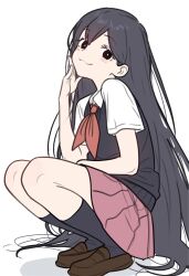 1girl :3 absurdres black_eyes black_hair black_socks black_vest collared_shirt ebora highres kneehighs loafers long_hair looking_at_viewer mari_(faraway)_(omori) mari_(omori) neckerchief omori pink_skirt pleated_skirt red_neckerchief shirt shoes short_sleeves simple_background skirt smile socks solo squatting very_long_hair vest white_background white_shirt