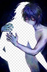 Rule 34 | 1boy, 1other, bags under eyes, black eyes, bloodshot eyes, blue hair, blue theme, convenient censoring, crazy eyes, distortion, glitch, hair between eyes, hand on another&#039;s back, heroine (homicipher), highres, homicipher, hug, invisible man, mr. crawling, nude, short hair, silhouette, squalid114617, sweatdrop, transparent background, upper body