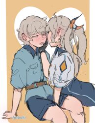1boy 1girl after_kiss arm_support artist_name belt black_gloves blue_shirt blush chadley_(ff7) final_fantasy final_fantasy_vii final_fantasy_vii_rebirth final_fantasy_vii_remake furbuki gloves grey_hair hair_ornament hand_on_another&#039;s_face hetero highres invisible_chair looking_at_another mai_(ff7) open_mouth saliva saliva_trail shirt short_sleeves shorts simple_background sitting twintails