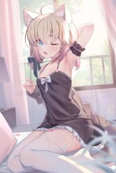 1girl absurdres ahoge animal_ear_fluff animal_ears arm_up armpits bed black_bow black_dress blonde_hair blue_eyes bow cat_ears cat_girl dress highres indie_virtual_youtuber indoors looking_at_viewer low_twintails medium_hair minikomew on_bed one_eye_closed open_mouth sitting solo thighhighs twintails waifuspite white_bow white_thighhighs window