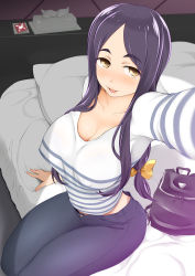 Rule 34 | 1girl, arm up, bag, blush, breasts, cleavage, condom, condom wrapper, covered erect nipples, eyebrows hidden by hair, feet out of frame, female focus, from above, groin, handbag, highres, indoors, large breasts, legs, light blush, long hair, looking at viewer, low-tied long hair, miito shido, on bed, open mouth, original, parted bangs, pillow, purple hair, sitting, smile, solo, thighs, tissue box, yellow eyes