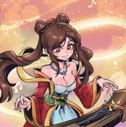 1girl bare_shoulders bead_necklace beads breasts brown_eyes brown_hair cleavage double_bun guqin_sona hair_bun instrument jacket jewelry large_breasts league_of_legends long_hair long_sleeves musical_note necklace official_alternate_costume parted_bangs phantom_ix_row red_jacket shiny_skin smile solo sona_(league_of_legends)