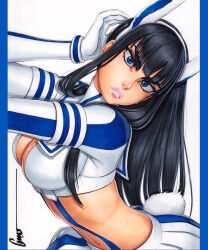 1girl animal_ears black_eyeliner black_hair blue_eyes breasts cleavage eyeliner fake_animal_ears highres kill_la_kill kiryuuin_satsuki long_hair makeup midriff navel nose omar_dogan pink_lips revealing_clothes signature simple_background solo thick_eyebrows thick_lips white_background