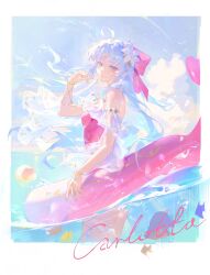 1girl ahoge bare_shoulders blue_eyes bow breasts carlotta_(splashing_summer)_(wuthering_waves) carlotta_(wuthering_waves) casual_one-piece_swimsuit character_name commentary_request cowboy_shot floating_hair from_side grey_hair hair_bow hand_up highres innertube koujuan long_hair looking_at_viewer off-shoulder_one-piece_swimsuit off_shoulder official_alternate_costume one-piece_swimsuit parted_lips pink_bow pink_one-piece_swimsuit signature small_breasts solo striped_bow swim_ring swimsuit very_long_hair white_hair wuthering_waves