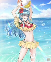 Rule 34 | 1girl, :d, absurdres, aqua hair, arms up, ball, beachball, bikini, blue eyes, breasts, cleavage, eirika (fire emblem), eirika (summer) (fire emblem), fire emblem, fire emblem: the sacred stones, fire emblem heroes, flower, hair between eyes, hair flower, hair ornament, highres, holding, holding ball, holding beachball, jewelry, kousetu0506, long hair, looking at viewer, medium breasts, navel, necklace, nintendo, ocean, official alternate costume, open mouth, red bikini, sidelocks, smile, solo, swimsuit, wading, yellow bikini