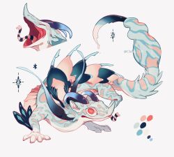 animal_ear_fluff animal_ears arm_fins chilfa_112 color_guide creature creature_focus curved_horns full_body gecko highres horns multiple_views no_humans open_mouth original red_eyes scales simple_background spines stinger tendril tongue tongue_out twitter_username white_background