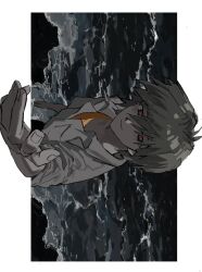 1boy a12740807 black_pants collared_shirt foreshortening grey_hair hair_between_eyes highres light_smile male_focus multicolored_eyes nagisa_kaworu neon_genesis_evangelion ocean orange_shirt orange_undershirt outside_border pants reaching reaching_towards_viewer red_eyes shirt sideways solo undershirt water white_background white_shirt