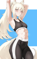 1girl arknights armpits arms_up black_pants blonde_hair blush breasts bright_pupils cowboy_shot crop_top fangs_(fangs_art) highres leggings long_hair looking_at_viewer midriff navel pants platinum_(arknights) small_breasts solo sports_bra standing stomach thighs very_long_hair white_pupils