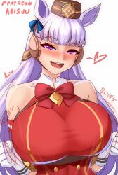 Rule 34 | 1girl, animal ears, anisdrawn, blunt bangs, blush, bow, bowtie, breasts, dress, ear bow, gloves, gold ship (umamusume), grey hair, hat, highres, horse ears, horse girl, large breasts, long hair, looking at viewer, open mouth, pillbox hat, purple eyes, red dress, school uniform, shirt, smile, solo, tracen school uniform, umamusume, upper body