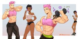 2girls abs absurdres against_wall animification artist_name asymmetrical_hair black_footwear black_leggings black_shorts border bra breasts candy collarbone converse crossed_ankles dark-skinned_female dark_skin dumbbell eyeshadow food green_eyes green_shorts hacking hand_on_own_thigh hand_up highres holding holding_candy holding_food holding_lollipop holding_towel leggings licking lollipop makeup micro_shorts midriff mole mole_under_eye multicolored_hair multiple_girls muscular muscular_female off-shoulder_shirt off_shoulder outside_border overwatch pink_bra pink_hair purple_hair scar scar_across_eye scar_on_face shirt shoes short_hair shorts sidecut sneakers sombra_(overwatch) sports_bra standing towel towel_around_neck twitter_username two-tone_hair undercut underwear upper_body white_border white_shirt yshua zarya_(overwatch)