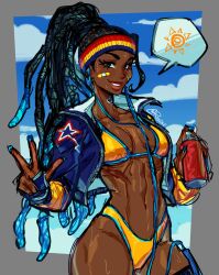 1girl bandaid bandaid_on_face bikini blue_nails braid dark-skinned_female dark_skin earphones highres jacket kimberly_jackson listening_to_music multicolored_hair multicolored_headband official_alternate_costume official_alternate_hairstyle rxsiki speech_bubble spray_can sticker_on_face street_fighter street_fighter_6 sweat swimsuit thigh_strap walkman yellow_bikini