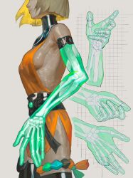 Rule 34 | 1girl, backless dress, backless outfit, blonde hair, breasts, cowboy shot, dress, from side, hades (series), hades 2, head out of frame, hieumay, medium breasts, melinoe (hades), multiple views, orange dress, see-through body, short dress, short hair, side slit, sideboob, skeletal arm, standing