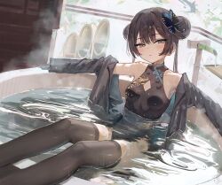 1girl absurdres bath bathing bathroom bathtub black_dress black_gloves black_hair black_thighhighs blue_archive blush braid braided_bun breasts butterfly_hair_ornament china_dress chinese_clothes double_bun dragon_print dress gloves grey_eyes grey_halo hair_bun hair_ornament halo hidulume highres jacket kisaki_(blue_archive) long_hair looking_at_viewer onsen partially_submerged pelvic_curtain pinstripe_jacket pinstripe_pattern print_dress sleeveless sleeveless_dress small_breasts solo striped_clothes striped_jacket thighhighs vertical-striped_clothes vertical-striped_jacket water wet