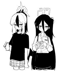 2girls asahina_yoshitoshi blue_archive blush can choker closed_mouth collared_shirt drink_can greyscale hair_between_eyes halo holding holding_can horns kayoko_(blue_archive) kei_(blue_archive) long_hair long_sleeves looking_at_viewer monochrome multiple_girls shirt short_sleeves simple_background single_wing skirt white_background wings