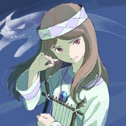 Rule 34 | 1girl, brown hair, closed mouth, commentary, crystal, dress, hand up, harp, head tilt, headband, hilda (horus no daibouken), holding, holding harp, holding instrument, instrument, jewelry, long hair, lowres, necklace, red eyes, sakai yume, solo, spirit, taiyou no ouji: horus no daibouken, white dress, wolf