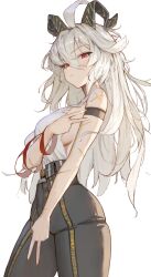 1girl arm_strap bare_shoulders black_horns black_pants breasts closed_mouth commentary cowboy_shot curled_horns hair_between_eyes high-waist_pants horns large_breasts long_hair pants red_eyes shirt shirt_tucked_in sib_(9obsl) solo white_shirt wuthering_waves zani_(wuthering_waves)