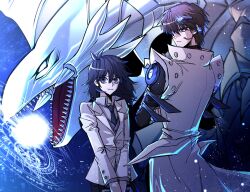 2boys absurdres black_hair blue-eyes_white_dragon brothers brown_hair coat dragon from_behind highres holding jacket kaiba_mokuba kaiba_seto male_focus medium_hair multiple_boys open_mouth powering_up sayeong0906 sharp_teeth shirt short_hair siblings teeth white_coat white_jacket white_shirt yu-gi-oh! yu-gi-oh!_the_dark_side_of_dimensions