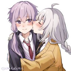 2girls ahoge black_jacket black_necktie blush braid cardigan closed_eyes closed_mouth collared_shirt grey_hair hand_on_another&#039;s_shoulder hug jacket kiss kissing_cheek kizuna_akari long_hair multiple_girls necktie purple_eyes purple_hair red_necktie shirt short_hair_with_long_locks sidelocks simple_background sweater sweater_vest tm_cocomil twin_braids twitter_username upper_body voiceroid watermark white_background white_hair white_shirt yuri yuzuki_yukari