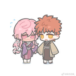 &gt;_&lt; 1girl :3 artist_self-insert blush bow breasts brown_kimono chibi chibi_inset couple dress emiya_shirou fate/stay_night fate_(series) full_body gaoyue_jixiang hair_ornament japanese_clothes kimono long_hair long_sleeves momomiya_shizuku_(gaoyue_jixiang) non-web_source oc_x_canon original pink_kimono sash simple_background skirt smile white_background |_|