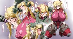 1boy 1girl blonde_hair breasts cum cum_in_mouth deepthroat fellatio goblin goblin_male hetero highres huge_breasts kosaka_shizuru long_hair moaning multiple_views oral rolling_eyes shiny_clothes taimanin_(series) taimanin_rpgx taimanin_yukikaze translation_request twintails wrato