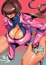 1girl ass bent_over breasts cleavage cleavage_cutout clothes_lift clothing_cutout curvy dress earrings female_focus fishnets gloves heart huge_ass huge_breasts jacket jewelry kemonono_(inchiki_dou) large_breasts latex licking long_hair pale_skin panties ponytail shermie_(kof) shiny_clothes shiny_skin skirt skirt_lift the_king_of_fighters thick_thighs thighs tight_clothes tongue tongue_out twintails underwear wide_hips