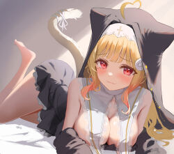 1girl absurdres ahoge animal_ears ann_(enye5842) barefoot black_dress blonde_hair blush breasts cat_ears cat_tail cleavage closed_mouth commission dress eyebrows_hidden_by_hair heart heart-shaped_pupils heart_ahoge highres kemomimi_refle! large_breasts long_hair looking_at_viewer lying nekoma_karin no_bra nun on_bed on_stomach pixiv_commission red_eyes smile solo symbol-shaped_pupils tail virtual_youtuber