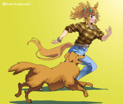 1girl :d animal_ears belt blue_eyes bracelet breasts brown_belt brown_hair casual denim dog from_side hair_ornament highres horse_ears horse_girl horse_tail jeans jewelry labrador_retriever large_breasts long_sleeves looking_at_another multiple_bracelets necklace okachi open_mouth pants plaid_clothes plaid_shirt ponytail running shirt simple_background sleeves_rolled_up smile star_(symbol) star_hair_ornament taiki_shuttle_(umamusume) tail twitter_username umamusume yellow_background
